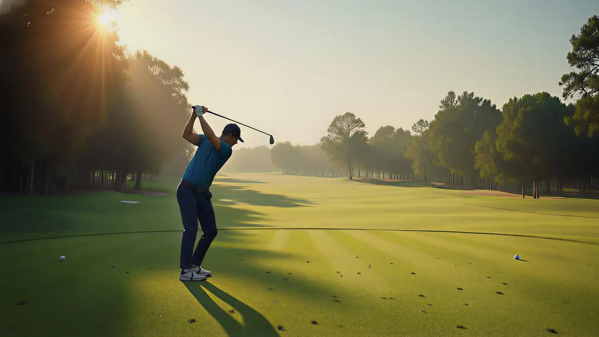 Golfer practicing on a scenic golf course - demonstrating proper form for Golf Pilates training